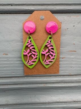 Pink & Green Floral Teardrop Earrings
